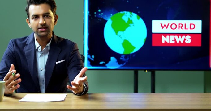 Young Indian male news anchor presenting world news in a TV studio with a large screen behind him, covering international affairs, global events and breaking headlines.