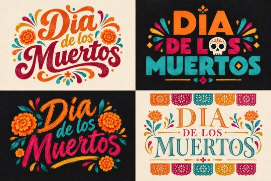 Four colorful typographic designs reading Dia de los Muertos with floral and sugar skull motifs. Day of the Dead holiday greeting. Mexican cultural celebration and remembrance.