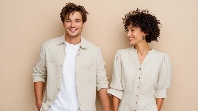 Smiling couple posing in casual beige outfits against neutral background