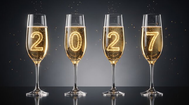 Four champagne flutes filled with sparkling wine each containing a glowing golden number forming the year 2027 against a dark grey background with floating light particles
