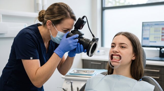 Orthodontic assistant takes standardized dental photographs before treatment, showing cheek retractors, clinical documentation, smile analysis, professional record keeping.