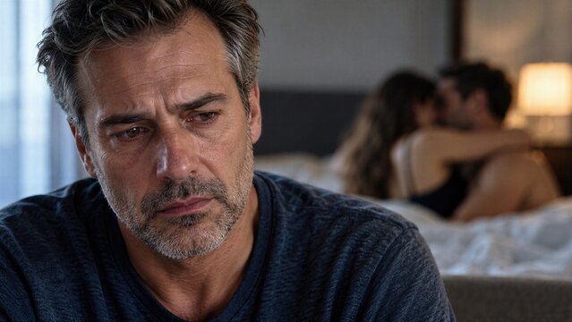 Mature man processing apparent infidelity with a blurred embracing couple behind him, conveying emotional shock, relationship crisis, heartbreak and long-term romantic betrayal at home.