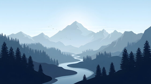 Serene mountain landscape with river flowing through dense forest and misty peaks isolated on transparent background, isolated on white background, Vector, illustration