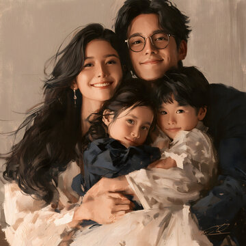 Happy Asian family portrait showing cheerful mother, father, son, and daughter embracing with warm smiles in an artistic painted style, expressing joyful love, togetherness, and harmony