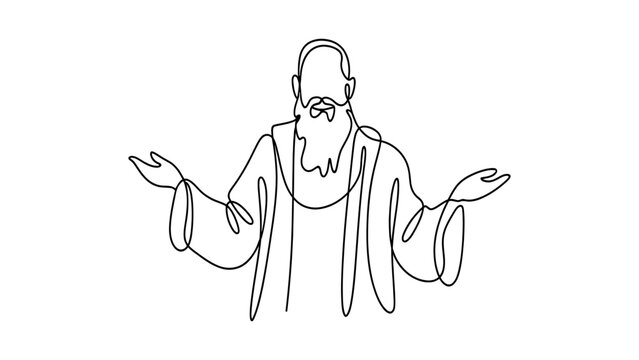 Continuous one line drawing of a wise old man with a long beard standing with his arms open isolated on white background, Vector, illustration