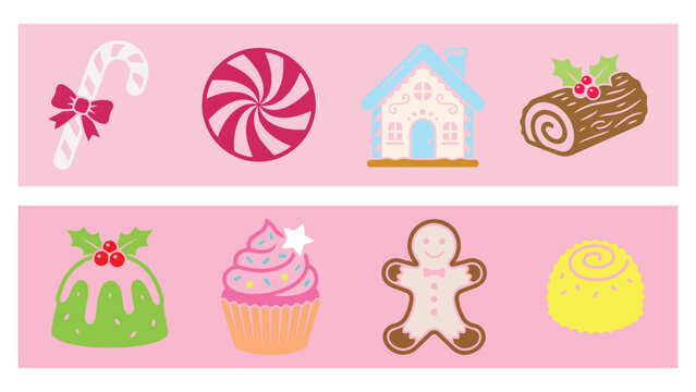 Christmas sweets icon set with candy cane peppermint gingerbread house yule log pudding cupcake cookie and bonbon