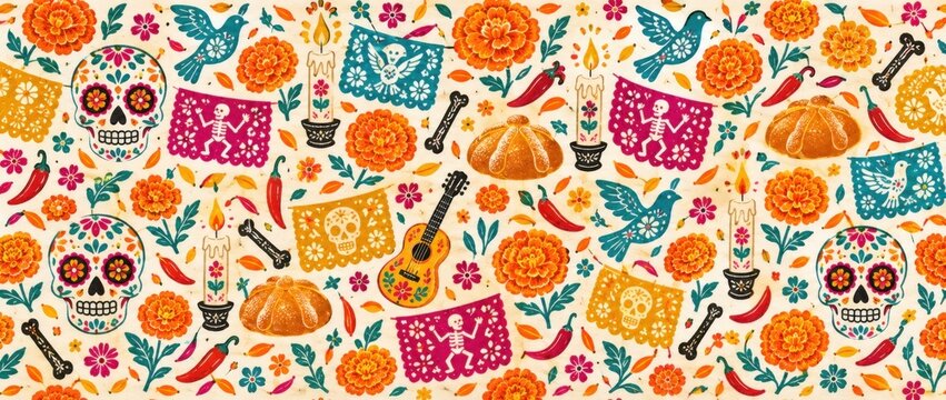 Colorful Day of the Dead folk art pattern with sugar skulls, marigolds and papel picado. Mexican holiday celebration and cultural tradition. Seamless decorative textile design.
