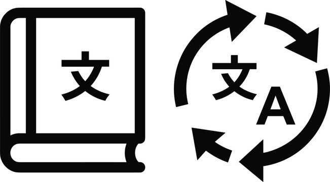 Language translation line icon featuring dictionary book and multilingual communication refresh arrows graphic illustration vector