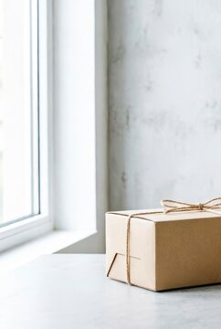 Kraft Paper Parcel with Twine on Concrete Surface Near Window for Ecommerce Packaging