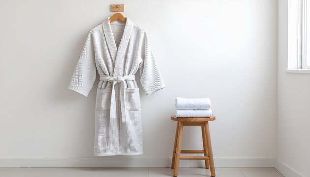 White waffle cotton robe hanging on a wooden wall hook beside folded towels on a stool in a bright minimal room
