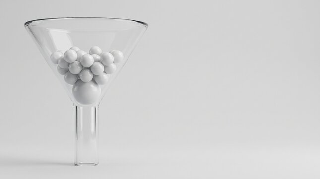 Oversized white sphere jamming the narrow neck of a transparent glass funnel while smaller spheres wait above, bottleneck and workflow blockage concept