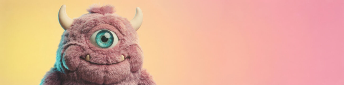 Adorable single fluffy pink and purple 3D cyclops monster smiling happily against a warm pastel gradient background