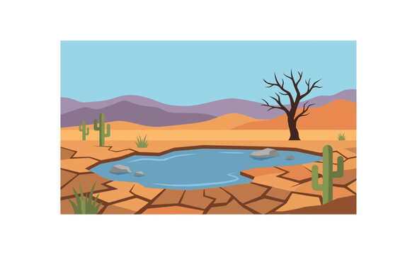 Desert landscape with a small pond and cacti vector illustration