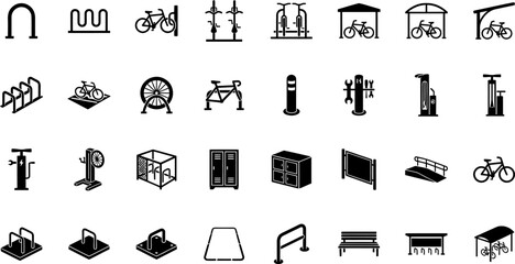 Set of bicycle parking and infrastructure icons, including bike racks, repair stations, lockers, and shelters for urban cycling facilities © Vector Mahi