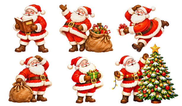 Vinage clip-art set featuring cheerful, realistic Santa Claus characters reading a book, holding gift sacks, running with presents, and decorating a snowy Christmas tree on a transparent background