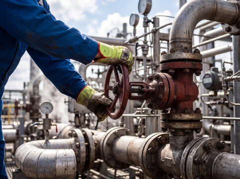 Oil worker operating valve at industrial refinery pipeline
