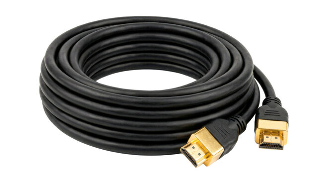 Coiled HDMI cable with thick black rubber insulation and polished gold-plated connector ends. Photorealistic, top 3/4 view, square orientation, ultra-high-resolution 8K, on a pure white background