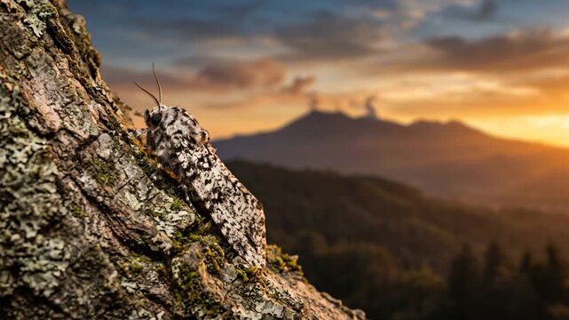 peppered moth close up at sunset light with volcano background in peak district england video