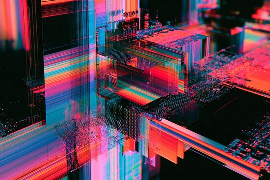 Futuristic digital glitch architecture with neon data layers