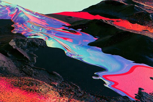 Glitch landscape with neon river and volcanic terrain