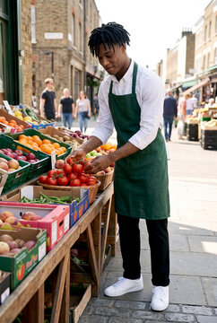 Black vendor arranging fresh fruit at street market