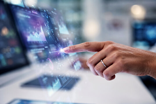 Businessman using touchscreen financial data interface