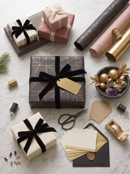 Luxury Christmas gift wrapping supplies in elegant flat lay