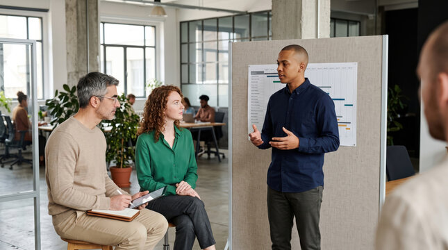 Diverse team discuss project plan in modern office