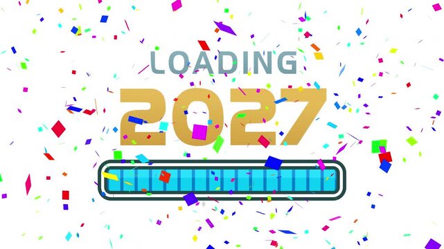 Loading 2027. Confetti Explodes Over Blue Progress Bar on White