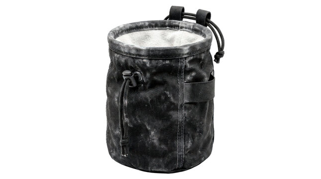 Chalk bag for rock climbing made of durable nylon, featuring a stiffened rim, a drawstring closure, and a dusting of white magnesium powder. Photorealistic, front 3/4 view, vertical orientation,