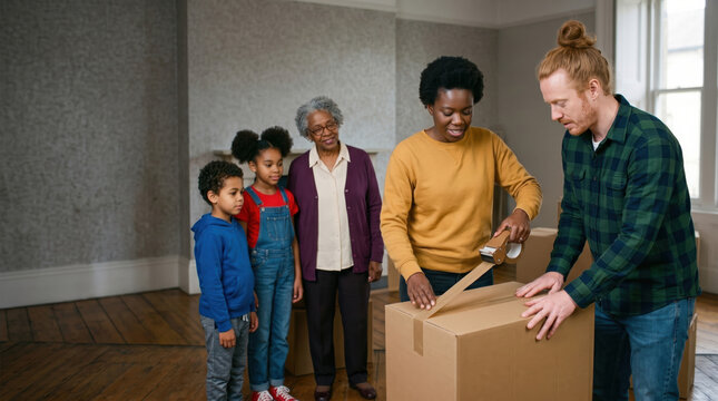 Parents taping up a moving box together