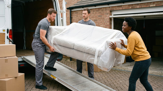 Removal workers loading a sofa into a van