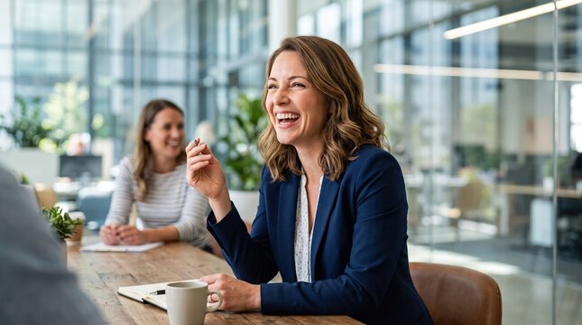 Coworker share laughter during casual office conversation