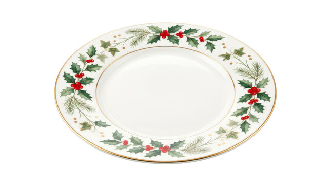 Decorative Christmas plate with a glossy ceramic glaze and elegant holly leaf and red berry pattern around the rim, refined seasonal tableware, photorealistic product photography. Slight overhead