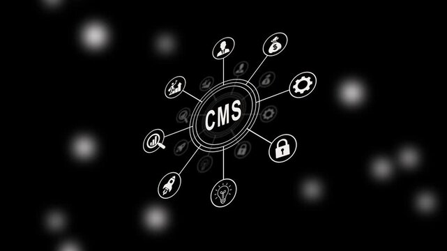 Comprehensive management system cms infographic concept animation featuring connected digital and glowing data nodes on dark background, for modern business, marketing and strategy