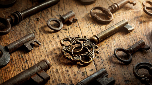 Collection of antique keys lying on a rustic wooden surface, with a dramatic beam of light highlighting the most ornate brass key. Atmospheric vintage still life evoking mystery, history..