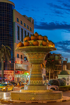 NABEUL, TUNISIA&ndash;Oct 29, 2025:The iconic Orange Bowl Monument,a monumental ceramic sculpture decorated with mosaics and glazed tiles, symbolizing the Cap Bon citrus heritage and local pottery tradition