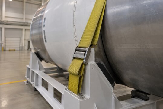 Yellow restraint strap and metal buckle secure a large white aerospace cylinder to a padded shipping cradle inside an industrial hall