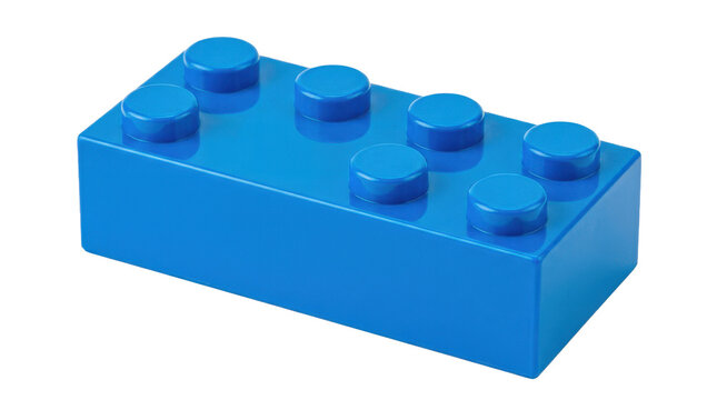 Single plastic interlocking building brick in bright blue, featuring a rectangular shape with eight raised studs on top. Photorealistic, top 3/4 view, horizontal orientation, ultra-high-resolution 8K,