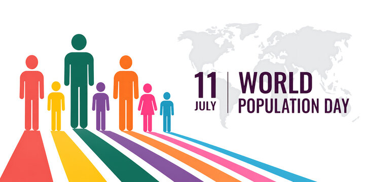 World Population Day July 11 Concept with Colorful People Icons and World Map Isolated on Transparent Background