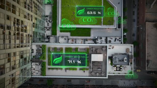 Animated carbon reduction readouts climb past 64 percent over green rooftops as CO2 cloud icons drift by, a data visualization of green roof emissions savings in Brooklyn, New York. Aerial top down