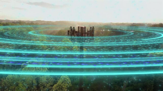 Animated electromagnetic waves radiate in layered glowing rings from cell tower antennas, a radio frequency and EMF emission concept above hazy forest near Lynchburg, Virginia. Aerial view