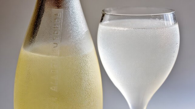 Chilled bottle of sparkling wine with condensation, glass with rising bubbles.