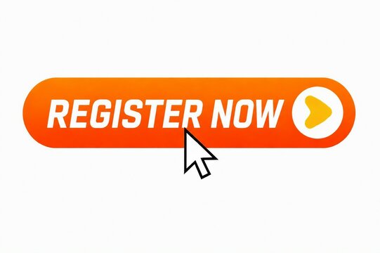 Orange register now button with cursor click effect and smiley icon