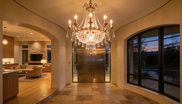 Hanging crystal chandelier illuminating foyer at dusk, showing double metal doors and pool
