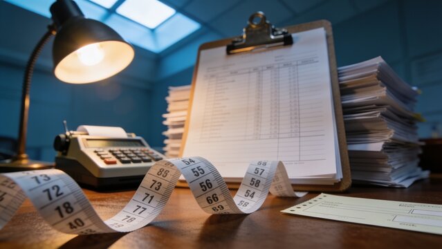 Unspooling numbered tape across wood desk, showing calculator, lamp, stacks, check under skylit