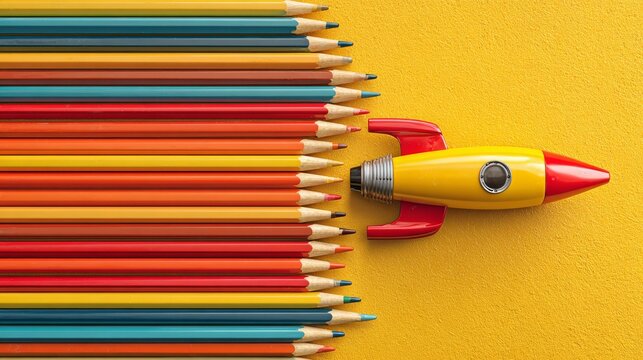 Back to school background with a creative rocket made from colorful pencils, educational supplies, and stationery on a bright school-themed design for learning, creativity, classroom activities, and a