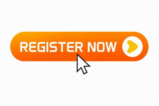 Orange register now button with cursor click arrow pointing to it