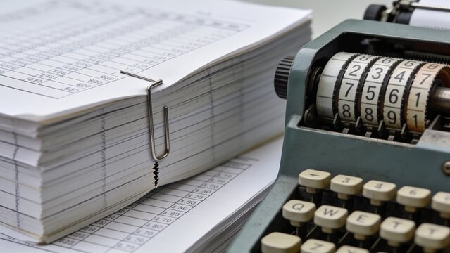 Displaying printed spreadsheet stack clipped by metal clip on desk, adding machine, copy space