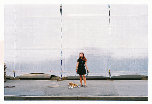 A woman and her beagle pause before a vast construction net